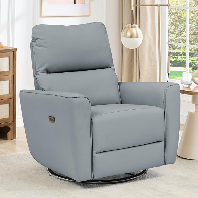 Power Recliner Chair Swivel Glider Faux Leather Upholstered Nursery Rocker Reclining Sofa Chair with Charging Port Curved Armrests &amp Padded Backrest for Living Room and Bedroom (Power Gray)