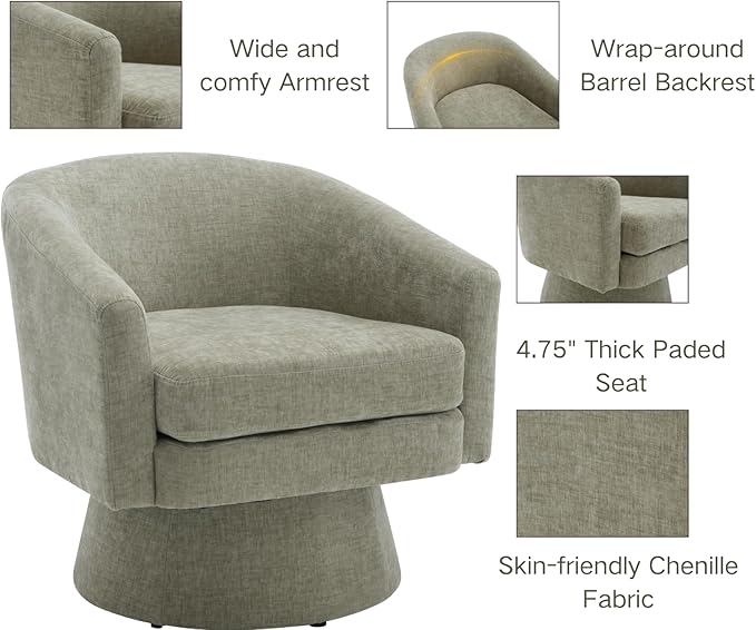 Modern Green Swivel Accent Chair Upholstered Chenille Barrel Chair Boucle Vanity Reading Chair Cozy Round Single Sofa Arm Chair Club Side Chairs for Bedroom/Waiting/Living Room