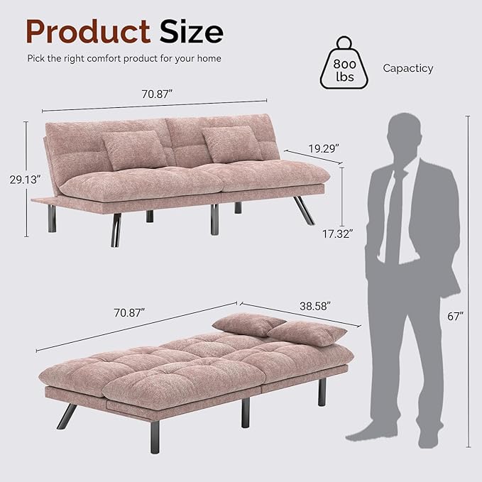 Futon Sofa Bed Convertible 70 inch Solid Wood Couch for Living Room Chenille Fabric 2 Cushions (Pink)