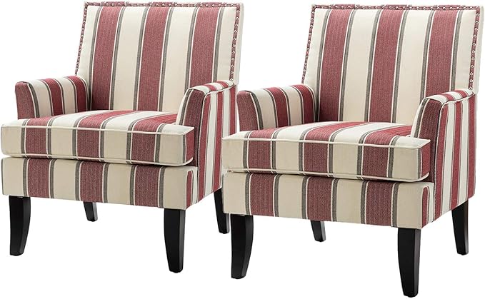 HULALA HOME Modern Accent Chairs Set of 2 Farmhouse High Back Striped Chairs with Wooden Legs &amp Nail Head Trim Comfy Upholstered Armchairs for Living Room/Bedroom (Stripe Red)