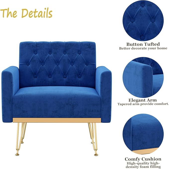 Olela Accent Chair with Arm for Living Room Velvet Modern Armchair Single Sofa Cozy Tufted Upholstered Reading Side Chairs with Gold Metal Leg for Bedroom Decorate Dark Blue