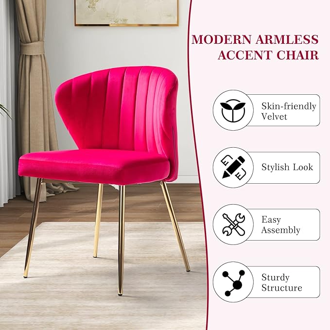 HULALA HOME Velvet Dining Chair Cute Armless Accent Chair Living Room Chair with Golden Legs Mid Century Modern Upholstered Side Chair for Kitchen Vanity Fuchsia
