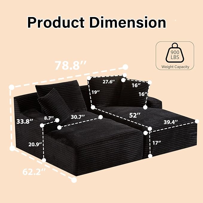 78.8 Oversized Double Chaise Lounge Chair Sectional Upholstered Deep Seat Cloud Couch Modern Corduroy Sofa Bed Loveseat Sleeper Chair for Living Room Bedroom Apartment Indoor White