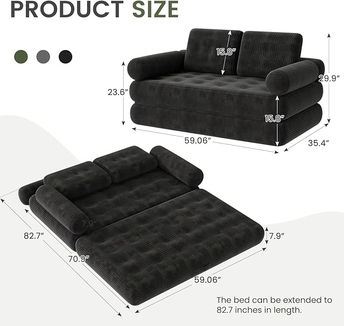 59 Convertible Sofa Bed 5-in-1 Folding Loveseat Sleeper Chair with Pillows Removable Armrests Fold Out Boneless Couch Futon Floor Mattress Lounge for Apartment Dorm Living Room - Black Full