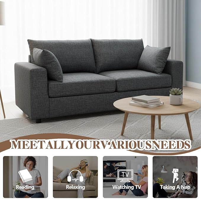 71 Loveseat Sofa Upholstered Love Seat with Deep Cushions &amp Removable Pillows Modern Polyester Couch for Bedroom Living Room &amp Office (Dark Gray)
