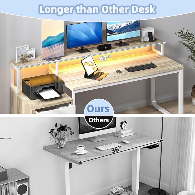 67'' Home Office Desk with Drawers Computer Desk with Drawers and LED Lights Long Desk with Moniter Stand White and Walnut
