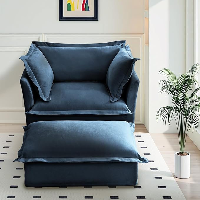 49'' Chenille Chaise Lounge Chair Indoor Oversized Upholstered Sleeper Sofa with Movable Ottoman Removable &amp Washable Sofa Cover for Living Room Home Theater ApartmentBlue