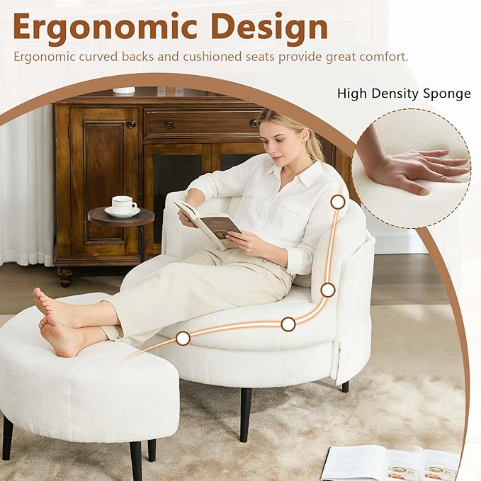 42.5 Single Sofa Chair Chaise Lounge with Movable Cresent-Shaped Footstool Removable Headrest &amp Wraparound Armrests One-Piece Side Table for Small Living Room (White)