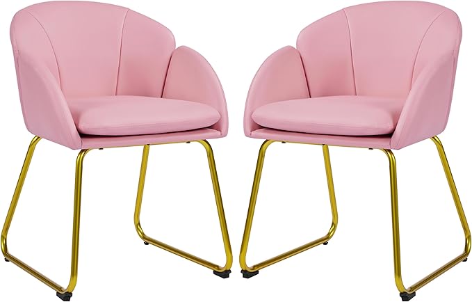Yaheetech PU Leather Dining Chair Flower Shaped Armchair with Golden Legs Upholstered Side Chair for Kitchen Dining Room Living Room Set of 2 Simple Pink