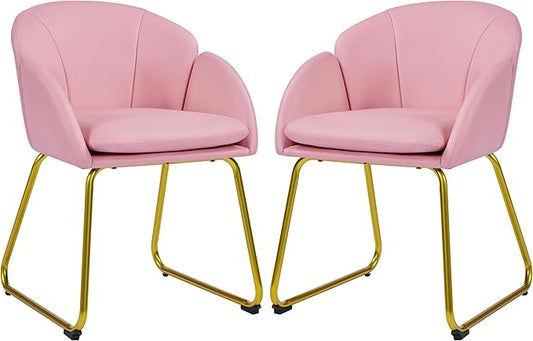 Yaheetech PU Leather Dining Chair Flower Shaped Armchair with Golden Legs Upholstered Side Chair for Kitchen Dining Room Living Room Set of 2 Simple Pink