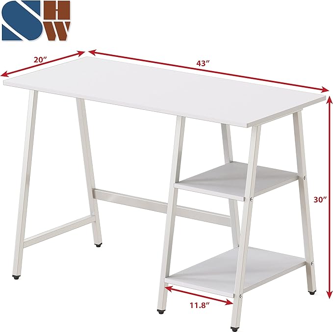 SHW 43-Inch Home Office Trestle Computer Desk with Open Storage Shelves White