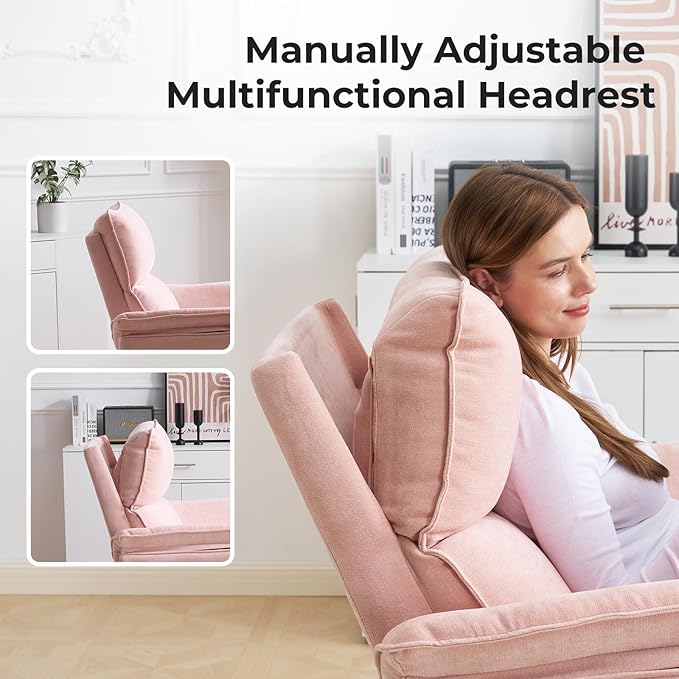 Oversized Recliner Chair 26 Extra Wide 360° Swivel Rocker Recliner with Adjustable Headrest Chenille Glider Rocking Nursery Chair with Overstuffed Armrest Lumbar Support Pink