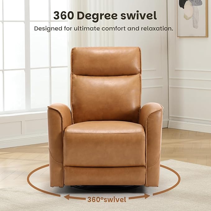 CANMOV Leather Recliner Chair Swivel Rocker Recliner Chair 360°Swivel Nursery Glider Recliner Manual Recliner for Small SpacesLiving RoomBedroomBrown