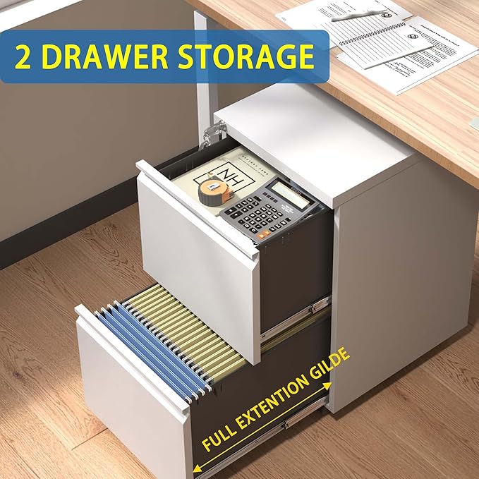 2-Drawer Mobile File Cabinet - Metal with Lock Brakes Compact 5 Casters Fully Assembled Except Wheels Rolling for Legal Letter A4 Size Hanging Folders Home Commercial Office (Antique White)