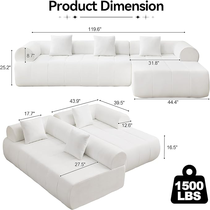 119'' Curved Boneless Sofa Couch 3 Seat Cloud L Shaped Deep Seat Couches for Living Room No Assembly Modular Sofa with Right Chaise Lounge White