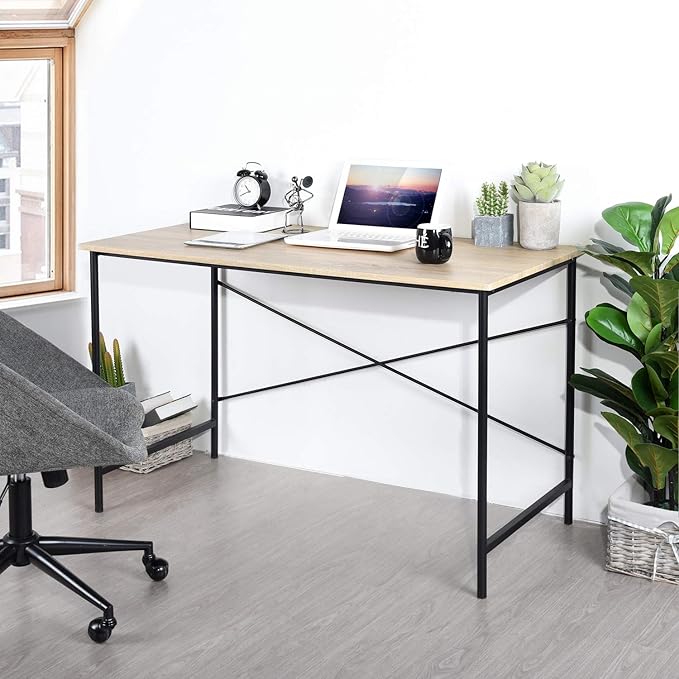 Modern Computer Desk with Light Wood Top 47.2 x 23.6 Writing Table Black Metal Frame with Cross Brace Minimalist Home Office Desk for Study or Workstation or Entryway