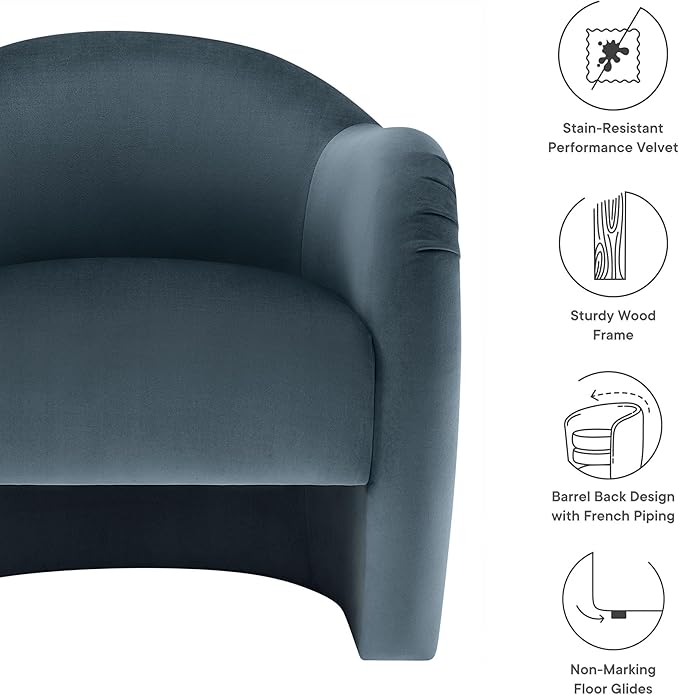 Modway Compose Barrel Chair with Performance Velvet Fabric in Cadet Blue – Upholstered Accent Armchair with Curved Backrest – Cozy Lounge Chair for Reading – Round Comfy Single Sofa Club Chair