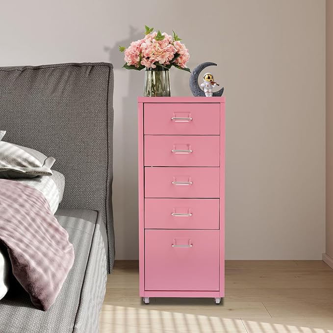 5 Drawer File Storage Cabinet 27 Inch Metal Freestanding Office File Cabinet Drawer Organizer with Wheels Mobile Vertical Storage Cabinet for Bedroom Living Room Office Study (Pink)
