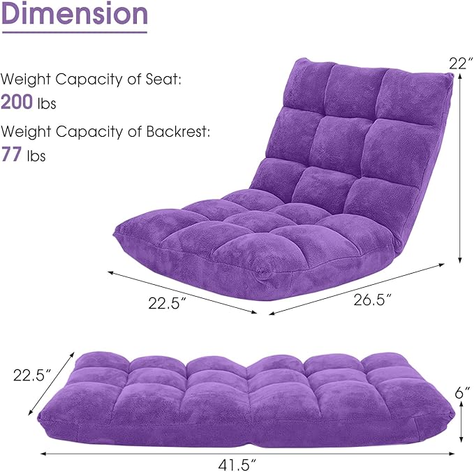 LDAILY 14-Position Floor Chair Adjustable Gaming Chair with Strong Back Support Padded Cushion Folding Couch Recliner Sofa Ideal for Floor Seating Reading Gaming(Purple)