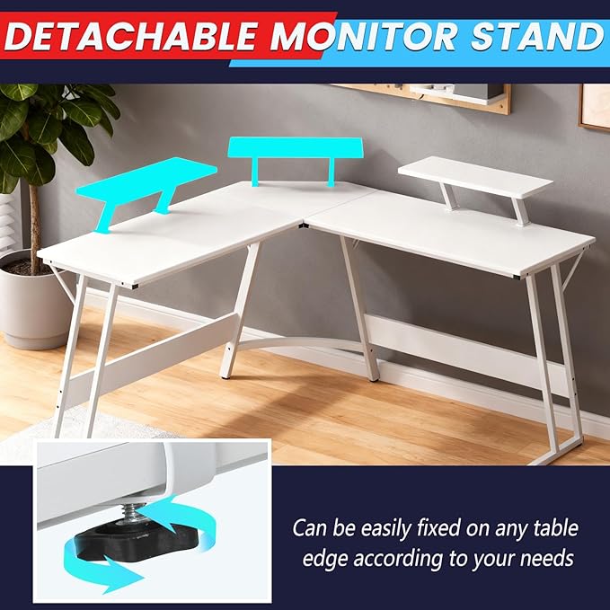 FDW L Shaped 51 Inch Gaming DeskCorner Computer DeskPC Gaming DeskWriting Workstation with Large Monitor Stand for Home OfficePure White