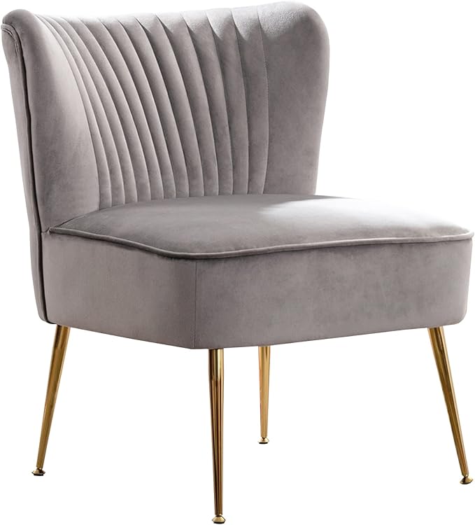 WO Home Furniture 25 Wide Tufted Velvet Accent Chair with Rust Resistant Golden Metal Legs Premium Quality Rust Resistant Seat for Your Den Living Room Bedroom Inside Area (Gray)