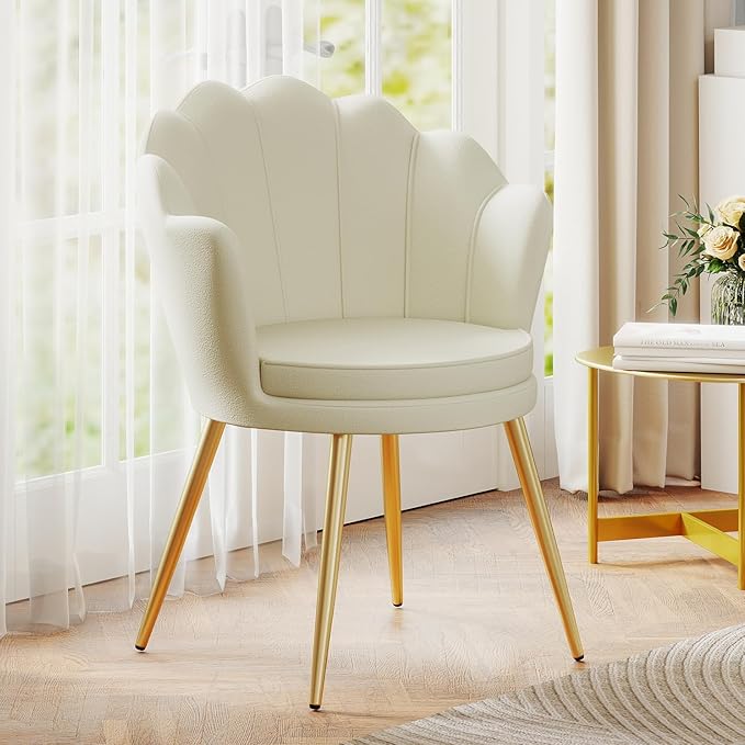 Furniliving Velvet Vanity Chair Shell Accent Chair for Living Room Upholstered Accent Chair with Gold Metal Legs Makeup Chair for Vanity Armchair Guest Chairs Side Chair for Bedroom (Khaki 1)