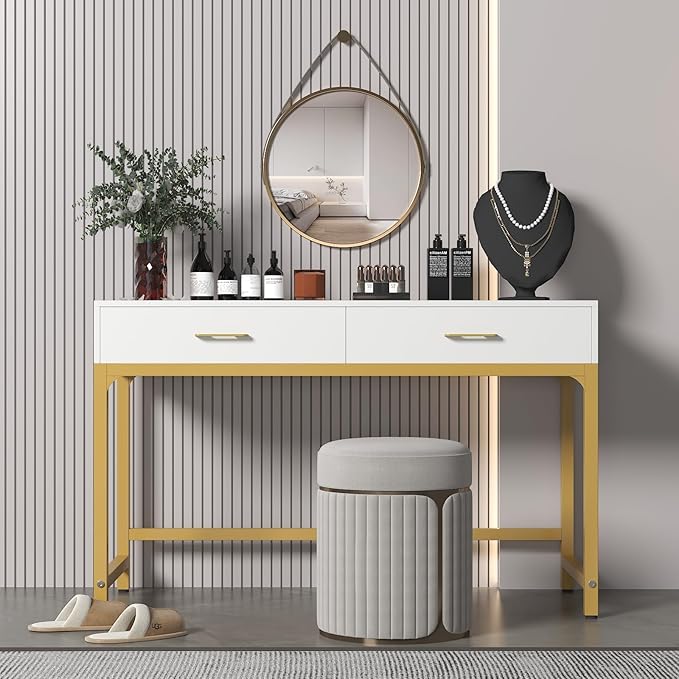 WESTREE Women Makeup Vanity Desk with 2 Drawers - Bedroom Home Office Desk Wooden Height Monitor Stand &amp Storage Shelf Without Mirror White Table Great Gift for Her