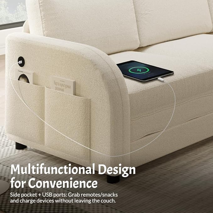 85'' L-Shaped Sectional Sleeper Sofa Bed 5-Seater Pull-Out Couch Bed with Comfy Teddy Fabric USB Ports Modular 3-in-1 Convertible Sleeper Couch for Living Room Apartment Beige | Teddy Upholstered