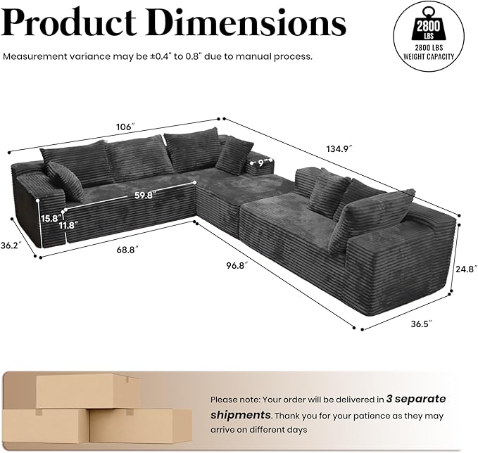 135'' Boneless Couches for Living Room Oversized V-Shaped 6-Seat Faux Fur Convertible Modular Sectional Cloud Sofa 4-in-1 Flexible Combination Deep Seat Corner Large Couch No Assembly Dark Grey