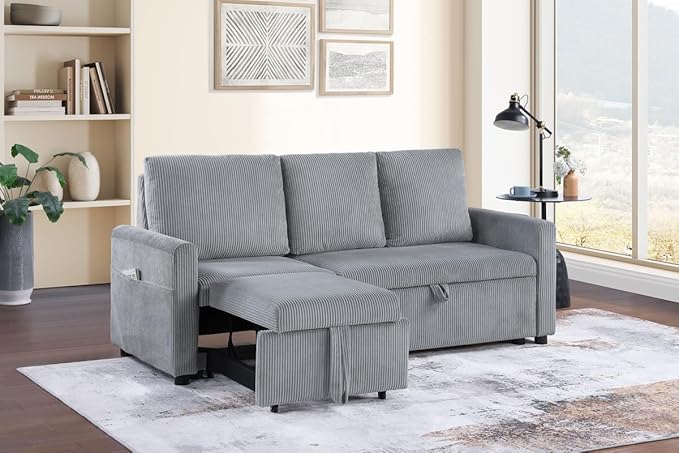 Lilola Home Oswin 70 W Gray Corduroy Fabric Sleeper Sofa with Pull-Out Chaise and Tufted Cushions – Modern Space-Saving Convertible Couch for Small Apartments or Guest Rooms
