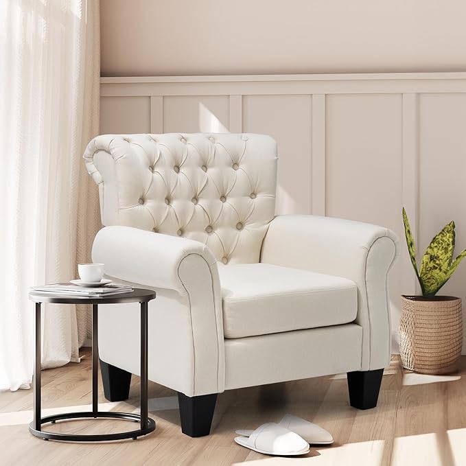 Soft Accent Chair Reading Arm Chair Fabric Living Room Chairs for Bedroom Home Office Single Sofa (Beige)