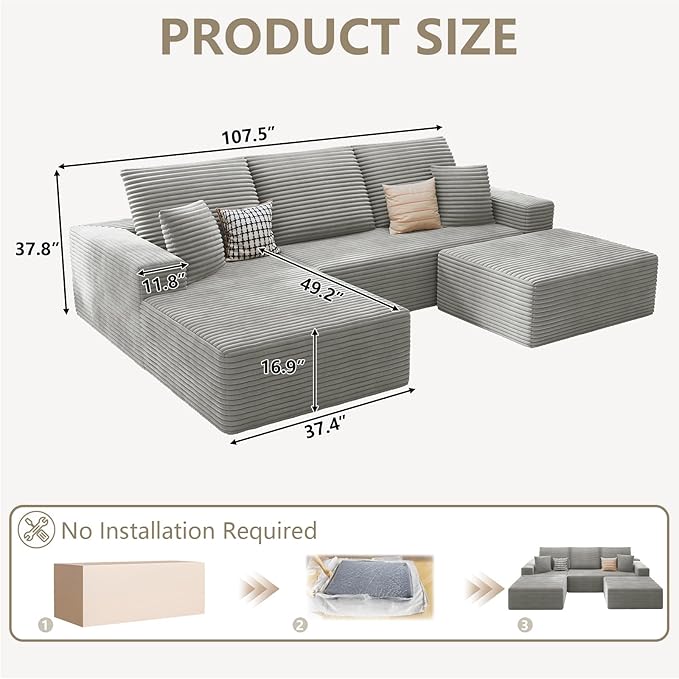 107 Cloud Sectional Couch with U-Shaped Chaise Corduroy Sectional Sofa with Ottoman Boneless Couch with Deep Seat in a Box for Living Room No Assembly Required (Grey Left Facing Chaise)