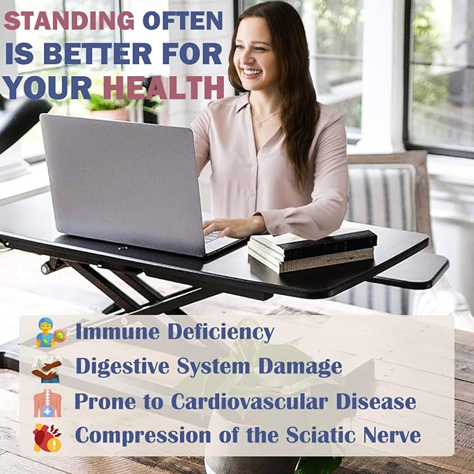 32 Inch Home Office Desk Converter Height Adjustable Sit to Stand Riser Dual Monitor Laptop Workstation with Wide Keyboard Tray (Black)