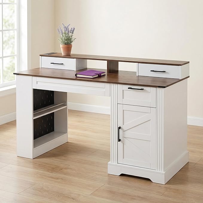 55'' Farmhouse Office Desk with Charging Station &amp Storage Cabinet Home Office Desk Barn Door Design Computer Desks with File Drawer &amp Keyboard Tray for Study Living Room White