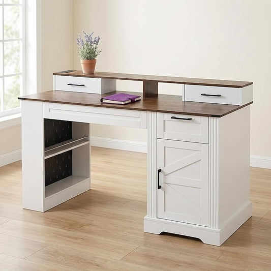 55'' Farmhouse Office Desk with Charging Station &amp Storage Cabinet Home Office Desk Barn Door Design Computer Desks with File Drawer &amp Keyboard Tray for Study Living Room White
