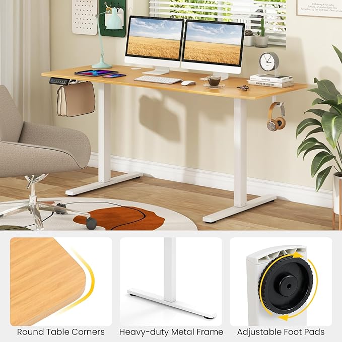Tangkula 63 Inch Height Adjustable Electric Standing Desk Extra Large Sit Stand Desk with 3 Memory Height Settings Anti-Collision System 2 Hanging Hooks &amp Wire Holes Rising Desk for Home Offic