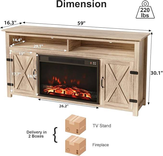 Furmax Farmhouse Fireplace TV Stand for TVs Up to 65 Inch Highboy Entertainment Center with Open Storage and Side Cabinets Rustic Media Console Table with Barn Doors for Living Room (Natural Oak)
