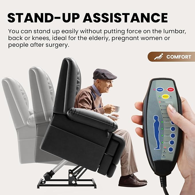Large Dual Motor Power Lift Recliner Chair with Massage and Heat for Elderly People Infinite PositionUSB Ports and Remote ControlBreathable Leather (Black)
