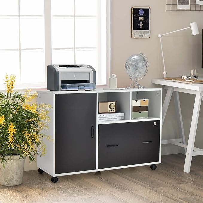 Lateral File Cabinet with Lock Filing Cabinet for Legal/Letter/A4 Size Files 40” Printer Stand with Open Storage Shelves for Home Office Mobile File Cabinets on Wheels