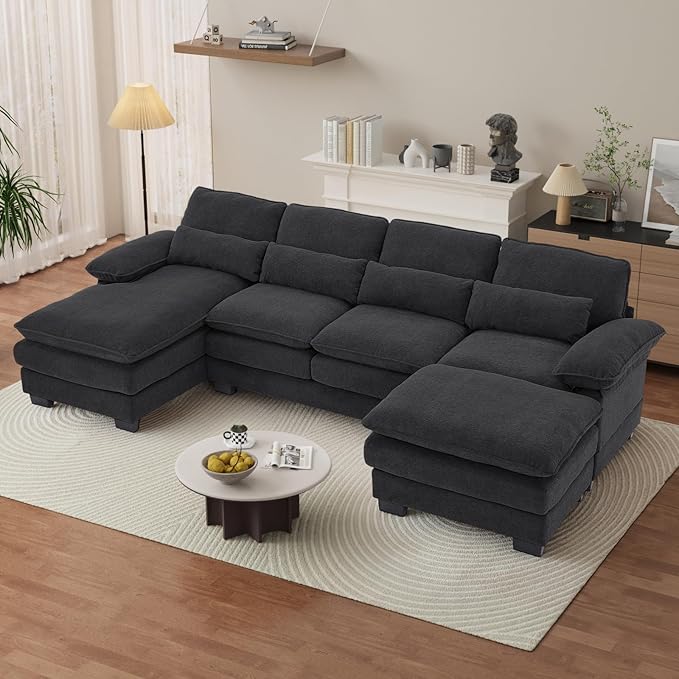 OUYESSIR 114 U Shape Sectional Cloud Couch with OttomanFluffy Sectional Couches for Living Room4 Seater Modular Sectionals SofaComfy Cloud Sofas &amp Couches with 4 PillowsDark Grey