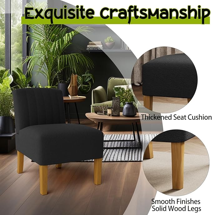 Gaussen Armless Accent Chairs for Living Room Modern Slipper Chair Living Room Chairs with Solid Wood Legs Makeup Vanity Chair Fabric Comfy Upholstered Arm Chair Accent Chair Side ChairNero
