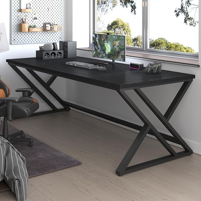 LVB 78.7 Black Computer Desk Large Industrial Pc Study Home Office Desk Long Modern Wood Gaming Work Writing Desk for 2 Person Farmhouse Double Workstation Executive Desk with Storage in Bedroom