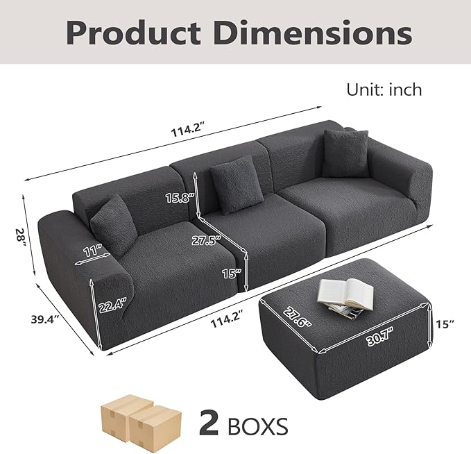 114 Oversized Boneless Couch with Moveable Ottoman Cloud Sectional Couches with Deep Seat 3 seat Modular Sofa Memory Foam Couch with Throw Pillow No Assembly Required Grey