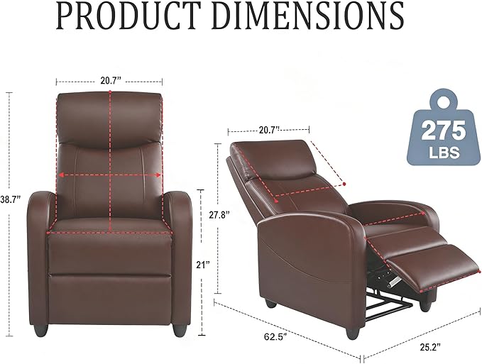 Simple Deluxe Massage Recliner Chair - Adjustable PU Leather Recliner Luxe Reading Chair &amp Sofa Chair for Living Room Chairs or Bedroom Chair Small Recliner for Home Theater Brown
