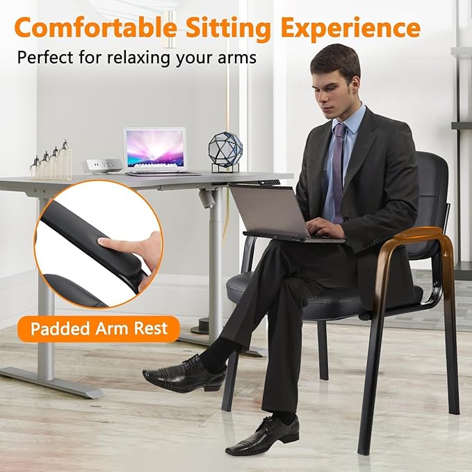 CLATINA Leather Guest Chairs Set of 6 Desk Chair No Wheels Office Reception with Padded Arms for Office Conference Waiting Room Black