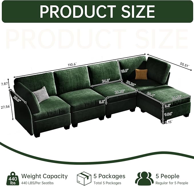 L Shaped Sofa Modern Sofa Modular sectional Cloud Couch with 1 Ottomans 5-seat Chenille deep-seat with Storage and 6 Pillows for Living Rooms bedrooms and Apartments (Green)