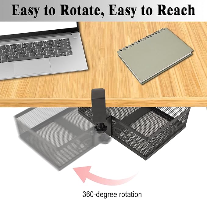Under Desk Organizer 360° Swivelunder Desk Drawer Clamp-On No Drill InstallationSturdy Mesh Storage Drawer for OfficeDrawing Room and Kitchen RoomArt Supplies and More(Without Cup Holder)