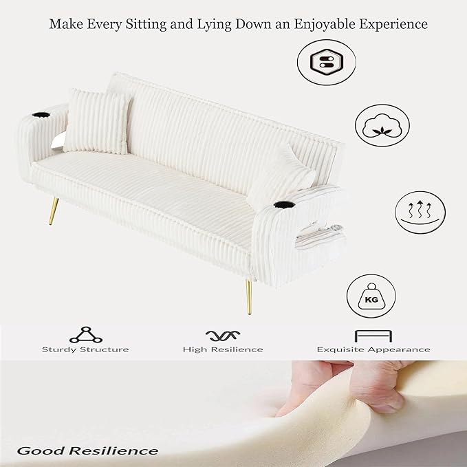 74 Modern Corduroy Sofa Bed FutonConvertible Sleeper Bed Couch with Dual Cup Holder4 Reclining PositionsFolding Cloud Sofa Loveseat for Small Living Room Apartment Office (Beige)