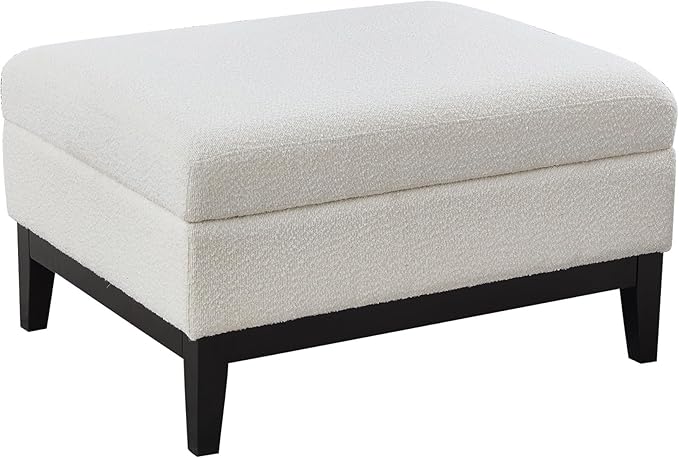 Wood Base Accent Arm Chair with Ottoman and Bolster PillowsStorage Footstool with Reversible Lid Coffee Table for Living Room Office (33.86W Ivory Foot Stool+Black Base)