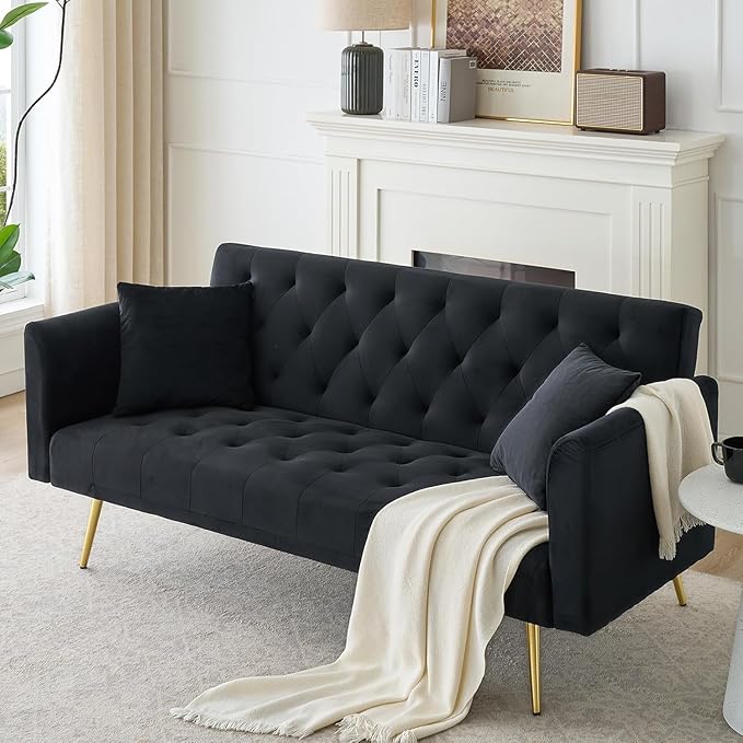 71 Convertible Folding Sleeper Sofa CouchModern Velvet Loveseat Sleeper with 2 Pillows Futon Sofa Bed with Mattress and Frame for Living RoomBedroomSmall Space (Black)